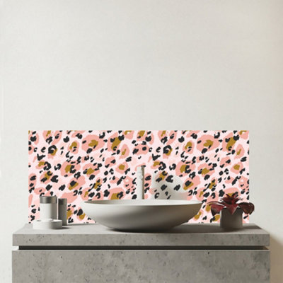 Warren Reed Designer Hand Drawn Pink Leopard Print Glass Bathroom Splashback from B&Q