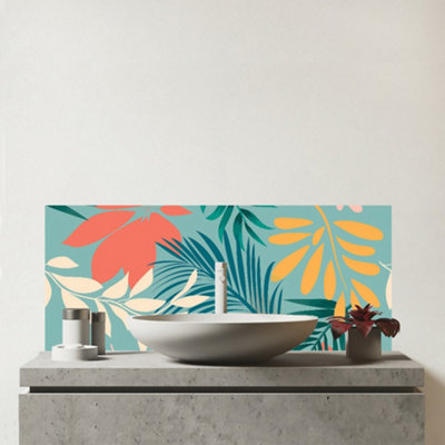 B&Q -  Abstract Bright Colorful Tropical Leaves Glass Bathroom Splashback