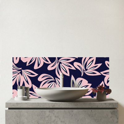 B&Q -  Pink Navy Floral Botanical Pattern Glass Bathroom Splashback