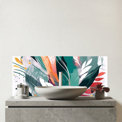 Warren Reed Designer Coloured Abstrace Feather Leaves Glass Bathroom Splashback from B&Q