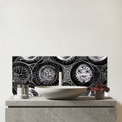 Warren Reed Designer Black White Moon And Sun Glass Bathroom Splashback from B&Q
