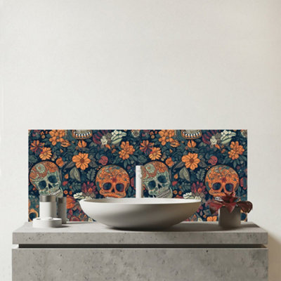 Warren Reed Designer Dia De Los Muertos Skulls Glass Bathroom Splashback from B&Q