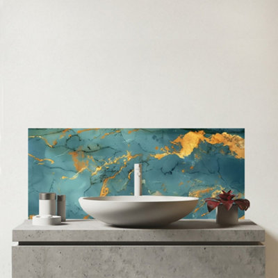 Warren Reed Designer Gold And Azure Marble Effect Glass Bathroom Splashback from B&Q
