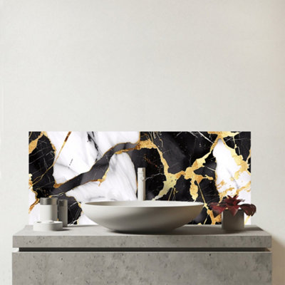 B&Q -  Gold And Black Marble Effect Glass Bathroom Splashback