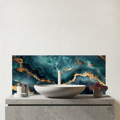 B&Q -  BlueGold Marble Effect Glass Bathroom Splashback