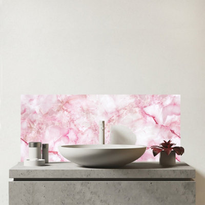 Warren Reed Designer Pink And White Quartz Effect Glass Bathroom Splashback from B&Q