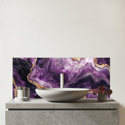 B&Q -  Deep Purple Marble Effect Glass Bathroom Splashback