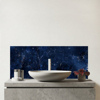 Warren Reed Designer Ocean Blue Quartz Effect Glass Bathroom Splashback from B&Q