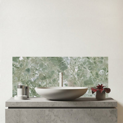 Warren Reed Designer Pale Green Quartz Effect Glass Bathroom Splashback from B&Q