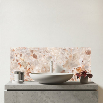 Warren Reed Designer Polished Sweet Peach Quartz Effect Glass Bathroom Splashback from B&Q