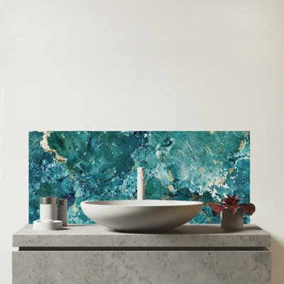 Warren Reed Designer Bright Teal Quartz Effect Glass Bathroom Splashback from B&Q
