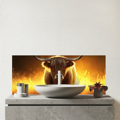 Warren Reed Designer Highland Cow Sunset Glass Bathroom Splashback