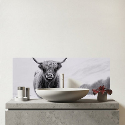 Warren Reed Designer Lone Highland Cow Glass Bathroom Splashback from B&Q