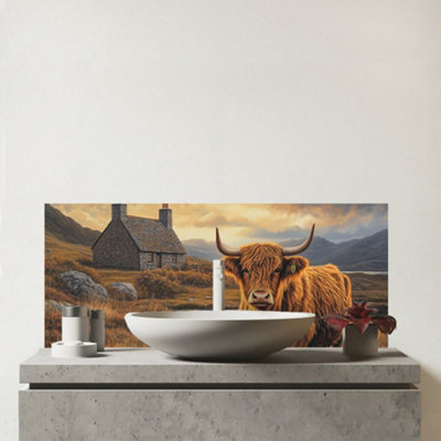 B&Q -  Highland Cow And A Cottage Glass Bathroom Splashback