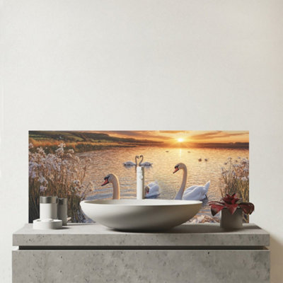 Warren Reed Designer Swans At Sunset In A Beautiful Lake Glass Bathroom Splashback