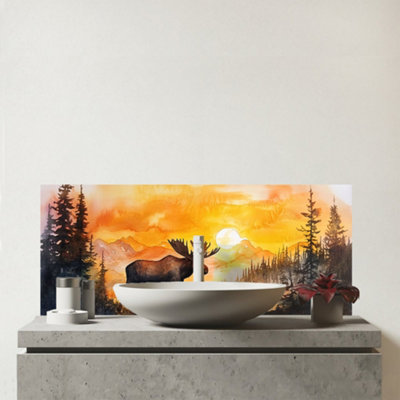 Warren Reed Designer Watercolour Moose At Sunset Glass Bathroom Splashback