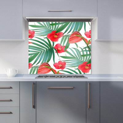 B&Q -  Tropical FlowersPalm Leaves Hawaiian Premium Glass Kitchen Splashback W600mm X H650mm
