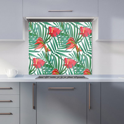 B&Q -  Tropical Flowers And Palm Leaves Premium Glass Kitchen Splashback W700mm X H650mm