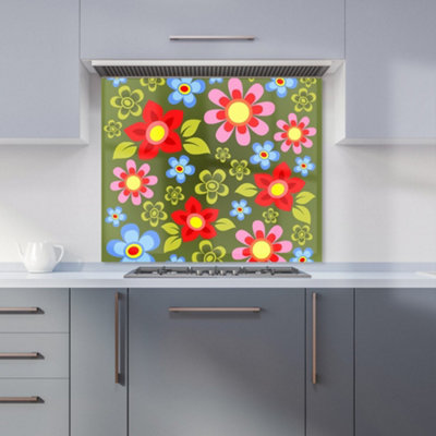 B&Q -  Red And Blue Flowers Premium Glass Kitchen Splashback W900mm X H750mm