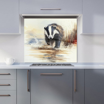 Warren Reed Designer Wading Badger Watercolour Premium Glass Kitchen Splashback W600mm X H750mm from B&Q