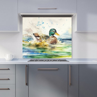 Warren Reed Designer Splashing Mallard Watercolour Premium Glass Kitchen Splashback W900mm X H750mm