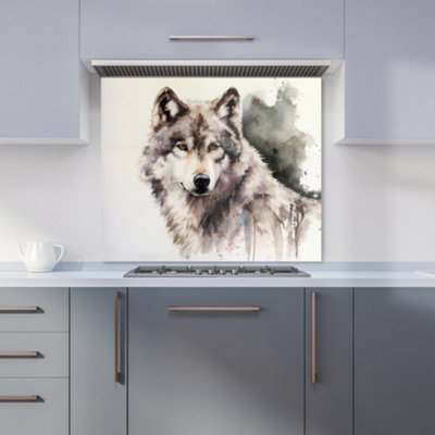 B&Q -  Loyal Wolf Watercolour Premium Glass Kitchen Splashback W600mm X H600mm