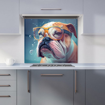 Warren Reed Designer Bulldog With Glasses Splashart Premium Glass Kitchen Splashback W600mm X H600mm from B&Q