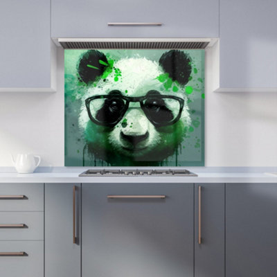 B&Q -  Panda With GlassesGreen Splashart Premium Glass Kitchen Splashback W600mm X H650mm