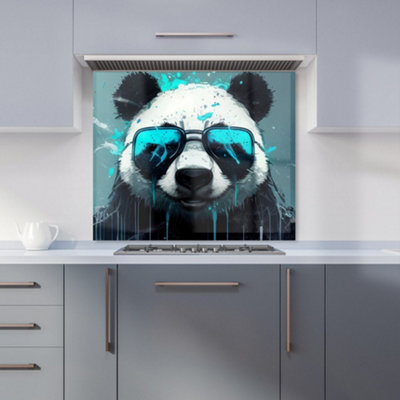 B&Q -  Panda With Blue Glasses Splashart Premium Glass Kitchen Splashback W600mm X H650mm