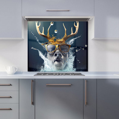 Warren Reed Designer Stag With Glasses Splashart Premium Glass Kitchen Splashback W900mm X H650mm from B&Q