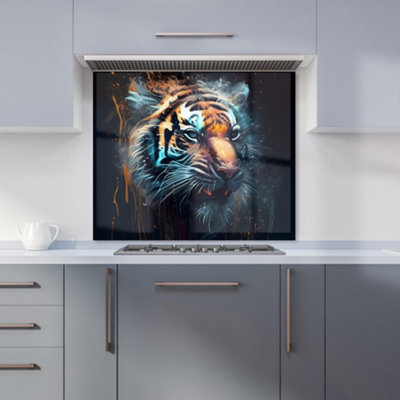 B&Q -  Tiger Face Splashart Dark Background Premium Glass Kitchen Splashback W600mm X H650mm