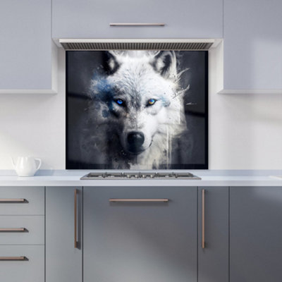 Warren Reed Designer White Wolf Face Splashart Dark Backgrouns Premium Glass Kitchen Splashback W600mm X H750mm from B&Q
