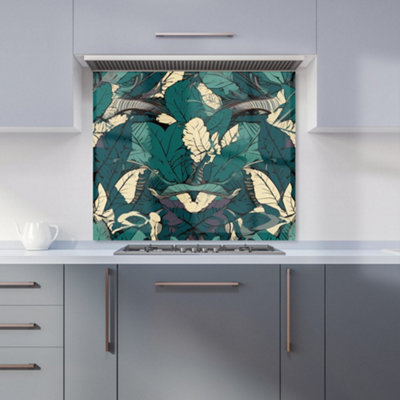 Warren Reed Designer Green Beige Tropical Leaves Premium Glass Kitchen Splashback W600mm X H650mm from B&Q
