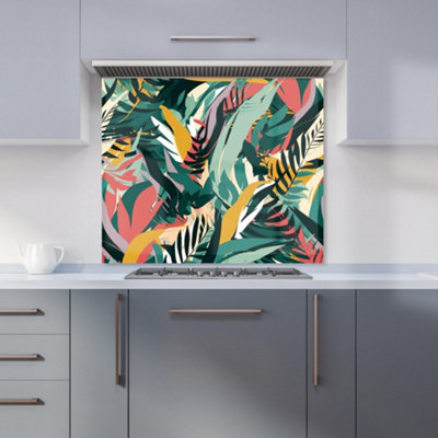 B&Q -  Coloured Tropical Leaves Premium Glass Kitchen Splashback W600mm X H600mm