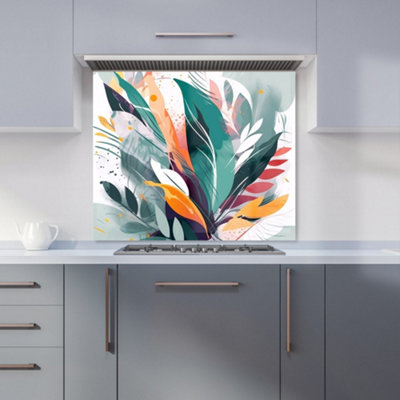 B&Q -  Coloured Abstrace Feather Leaves Premium Glass Kitchen Splashback W600mm X H600mm