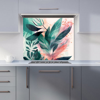B&Q -  Green Feather Leaves Tropical Premium Glass Kitchen Splashback W600mm X H750mm