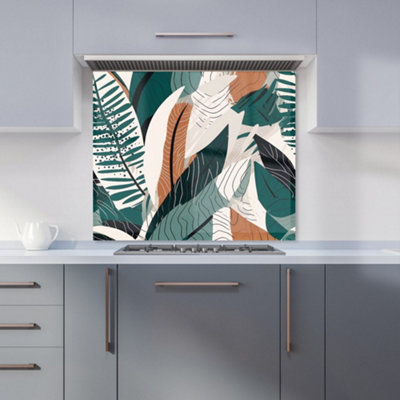 B&Q -  Autumn Tropical Leaves Green Brown Premium Glass Kitchen Splashback W700mm X H650mm