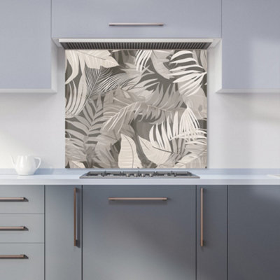 Warren Reed Designer Grey Brown Tropical Leaves Premium Glass Kitchen Splashback W900mm X H650mm from B&Q