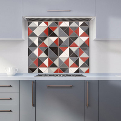 B&Q -  Grey Red Triangle Geometric Premium Glass Kitchen Splashback W700mm X H750mm