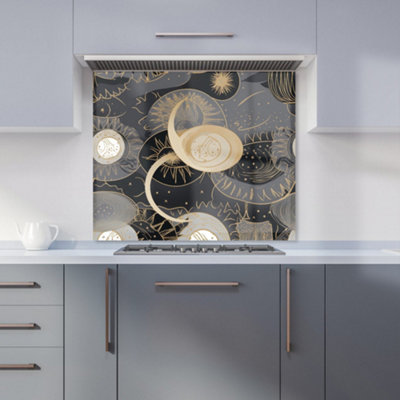 Warren Reed Designer Abstract Silver Gold Sun And Moon Premium Glass Kitchen Splashback W900mm X H750mm from B&Q