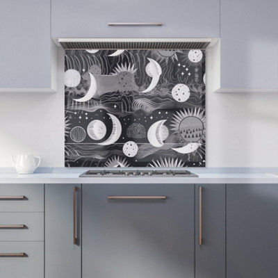 B&Q -  Abstract Black White Moon And Sun Premium Glass Kitchen Splashback W700mm X H750mm