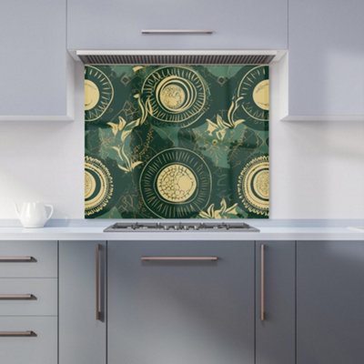B&Q -  Abstract Green Gold Moon Pattern Premium Glass Kitchen Splashback W900mm X H650mm
