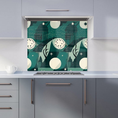 B&Q -  Abstact Green Cream Moon And Stars Premium Glass Kitchen Splashback W900mm X H750mm