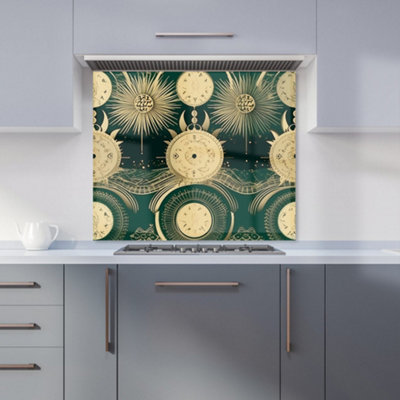 B&Q -  Green Moon And Sun Abstract Pattern Premium Glass Kitchen Splashback W900mm X H650mm