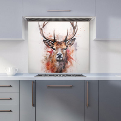 Warren Reed Designer Watercolour Splashart Stag Face Premium Glass Kitchen Splashback W600mm X H600mm from B&Q