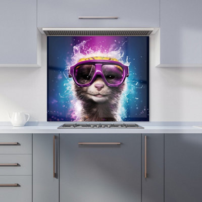 Warren Reed Designer Splashart Ferret With Glasses Purple Premium Glass Kitchen Splashback W700mm X H750mm from B&Q