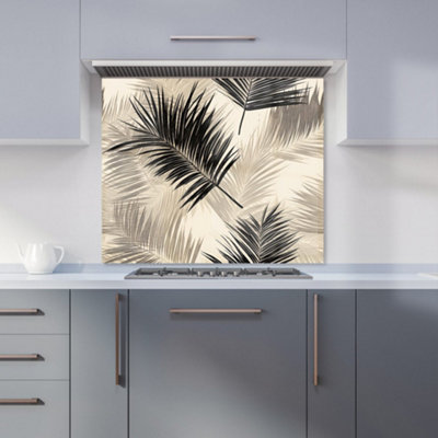 B&Q -  Black And White Tropical Palm Leaves Premium Glass Kitchen Splashback W700mm X H650mm