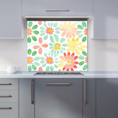 B&Q -  Green And Yellow Flowers Premium Glass Kitchen Splashback W700mm X H650mm