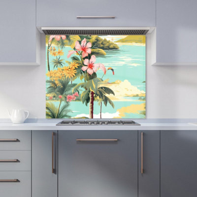 B&Q -  Palm Trees And Hibiscus Premium Glass Kitchen Splashback W600mm X H750mm