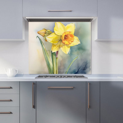 B&Q -  Daffodil Watercolour Premium Glass Kitchen Splashback W700mm X H650mm
